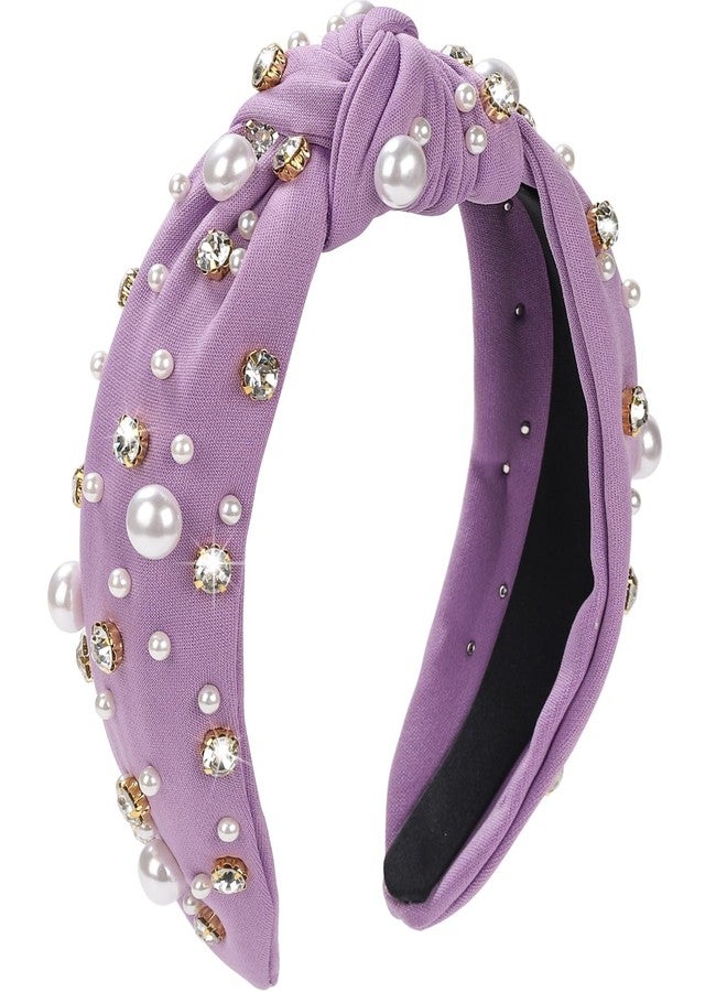 WantGor Pearl Knotted Headband, Women Rhinestone Embellished Hairband Elegant Wide Top Knot Bride Headbands Headpieces Party Fashion Elegant Ladies Hair Band Hair Hoop Accessories (Purple) - Image 1